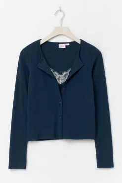 14+ 2 in 1 lace rib cardigan