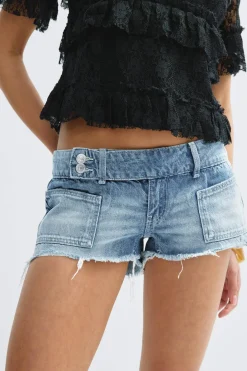 14+ pleated low denim shorts