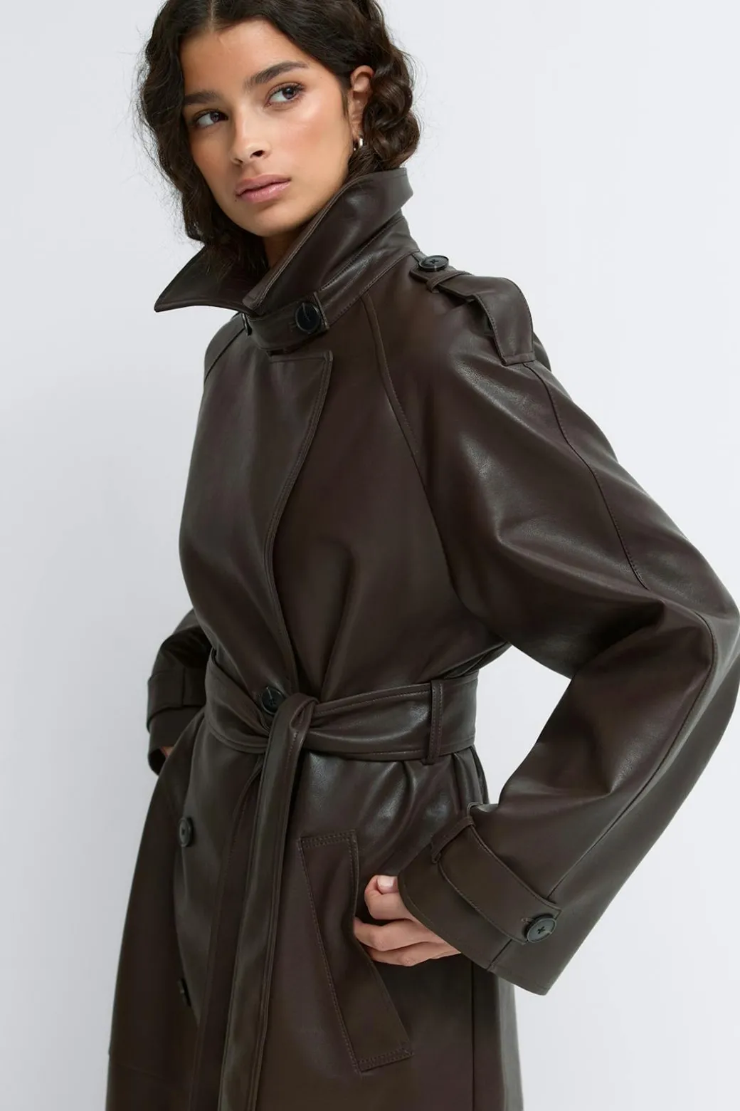 Belted pu trench coat