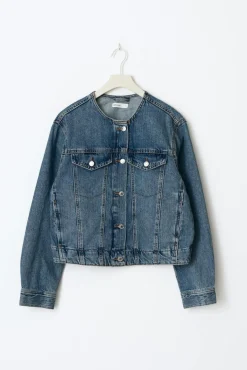 Collarless denim jacket