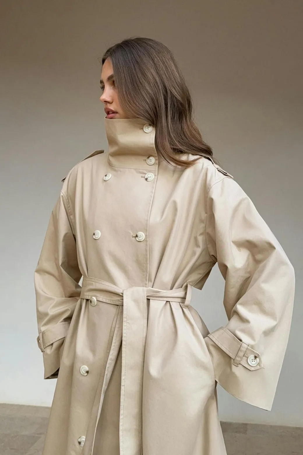 High neck cotton trench coat
