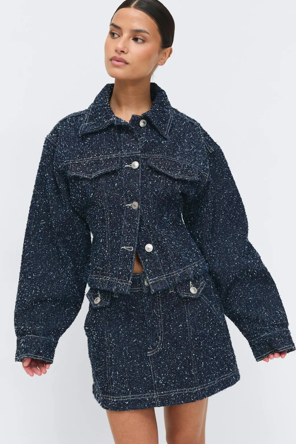 Peplum boucle denim jacket